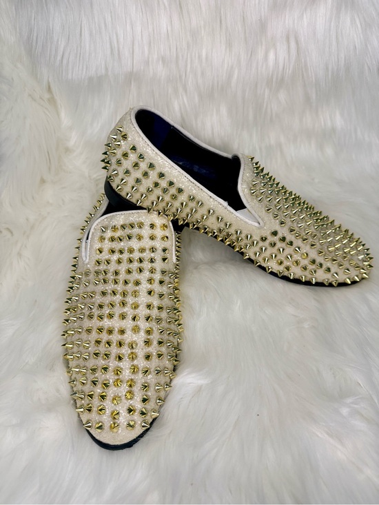 Jump Other - Pearl White Slip-On Men's Studded Loafers with Gold Spikes